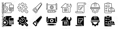 Engineering and construction planning icon set. Linear and silhouette style.