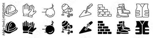 Construction safety and masonry icon set. Linear and silhouette style.