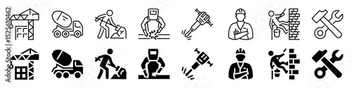 Construction work and heavy tools icon set. Linear and silhouette style.