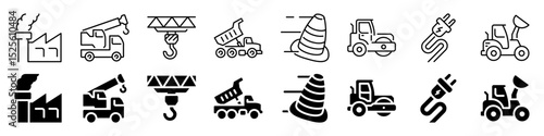 Construction equipment and industrial icon set. Linear and silhouette style.