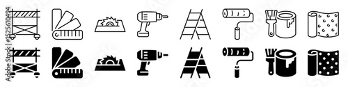Home renovation and painting tools icon set. Linear and silhouette style.