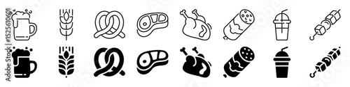 Beer, meat, and snack food icon set. Linear and silhouette style.