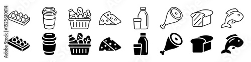 Grocery food and beverage icon set. Linear and silhouette style.