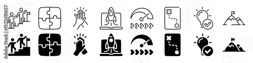 Business growth, innovation, and success icon set. Linear and silhouette style.