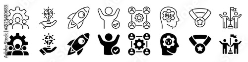 Innovation, teamwork, and success icon set. Linear and silhouette style.