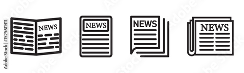 Newspaper and media outline icons set – flat, line, journalism and press symbols
