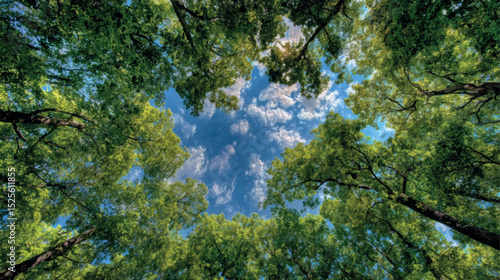 Tree crowns forming a natural frame around a patch of blue sky with fluffy clouds. Perspective from below.