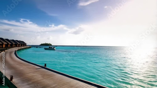 Tropical resort on ocean with overwater bungalows and turquoise lagoon under blue sky and motorboat approaching, vacation paradise scene