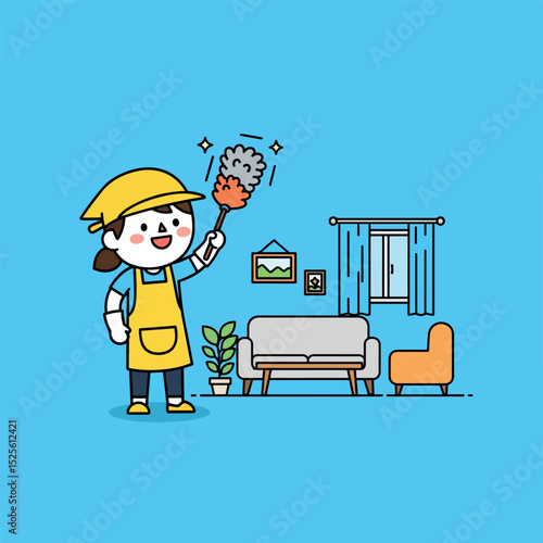Cute Cleaning Woman Dusting Furniture Illustration