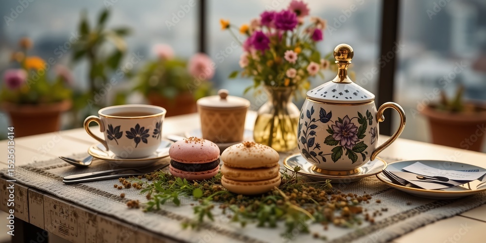 Fototapeta premium Trendy Terrace Brunch: Herbal Tea & Macarons
