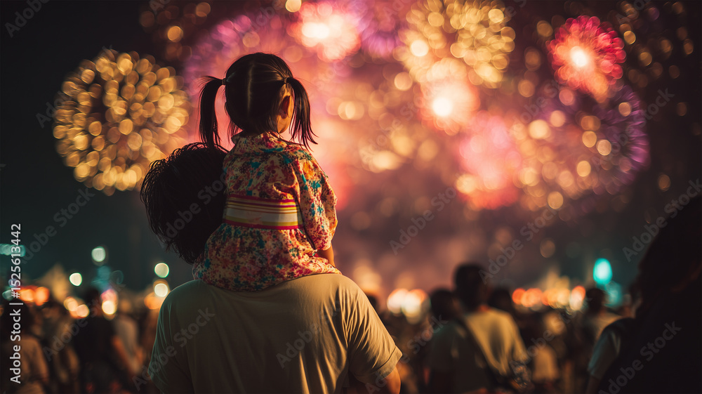 Fototapeta premium 肩車で花火を見上げる日本人親子の夏夜