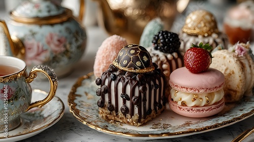 Elegant Afternoon Tea Set with Assorted Mini Cakes, Macarons, and Pastries