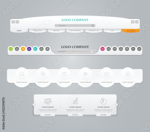 Web design template elements with icons set: Navigation menu bars