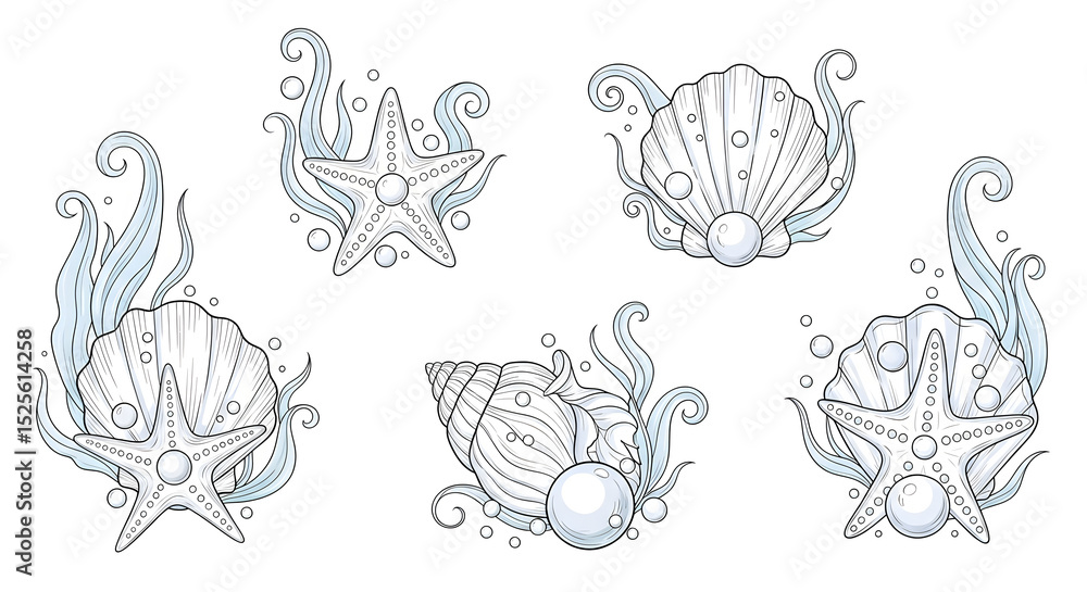 Romantic line art illustrations of enchanted seaside treasures. Hand-drawn seashells, starfish, pearls, and delicate seaweed swirls adorned with tiny mermaid scales and bubbles Romantic line art illustrations of enchanted seaside treasures. Hand-drawn seashells, starfish, pearls, and delicate seaweed swirls adorned with tiny mermaid scales and bubbles