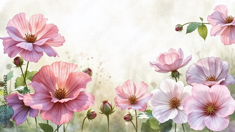 Obraz premium Watercolor Geranium Meadow - Soft Hues & Cozy Ambiance