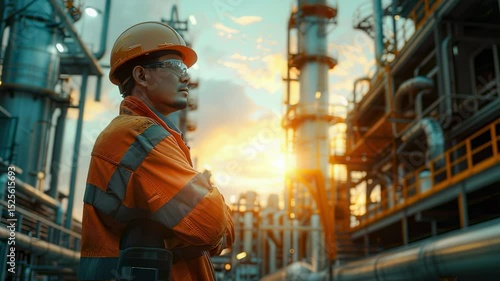 Industrial worker in safety gear at oil refinery during sunset