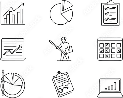 Business Growth Strategy Charts, Data Analysis, and Planning Icons