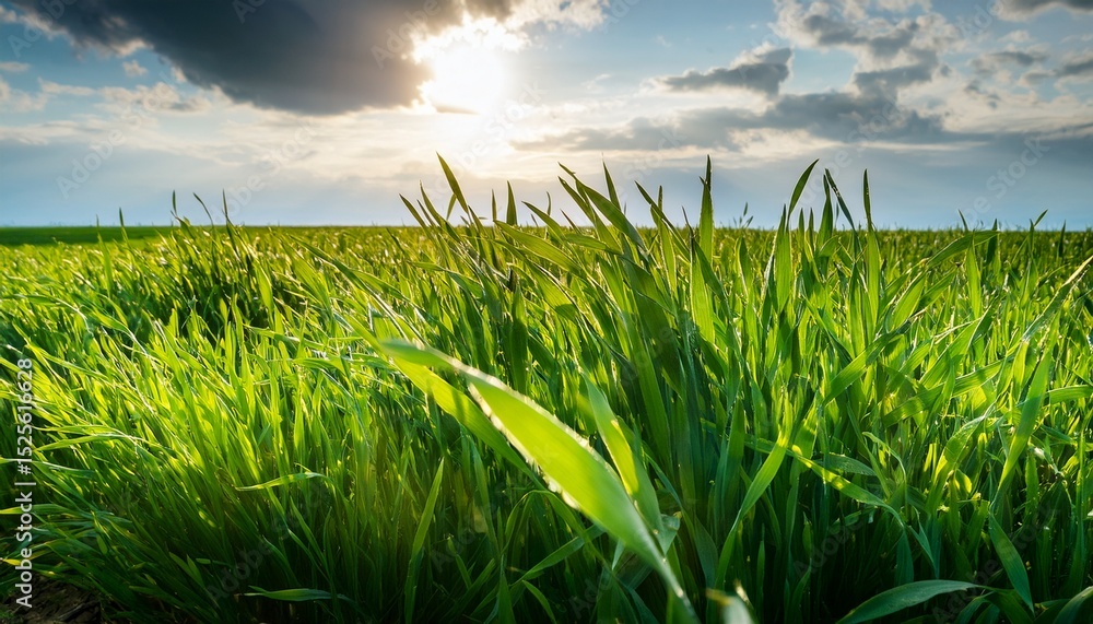 Fototapeta premium green grass growing in a field under a cloudy sky