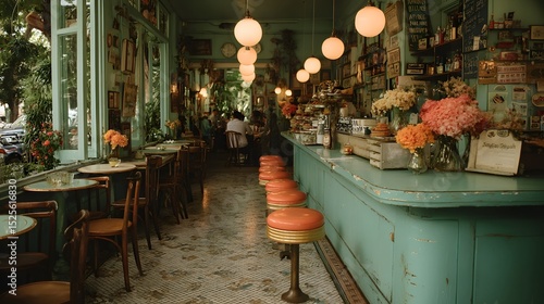 Charming Retro Cafe Interior with Turquoise Counter, Orange Stools, Flowers and Customers