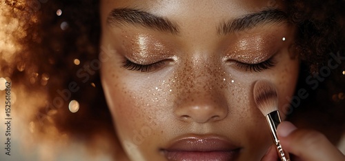 Close-up of woman's face with glitter makeup and makeup brush application