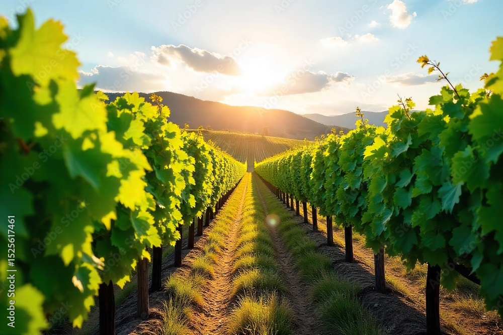 Fototapeta premium Rows of lush, green grapevines stretching across a sun-drenched hillside, ready for harvest The perfect image for wine country, vineyard, winemaking, and autumn themes , winemaking, rose wine