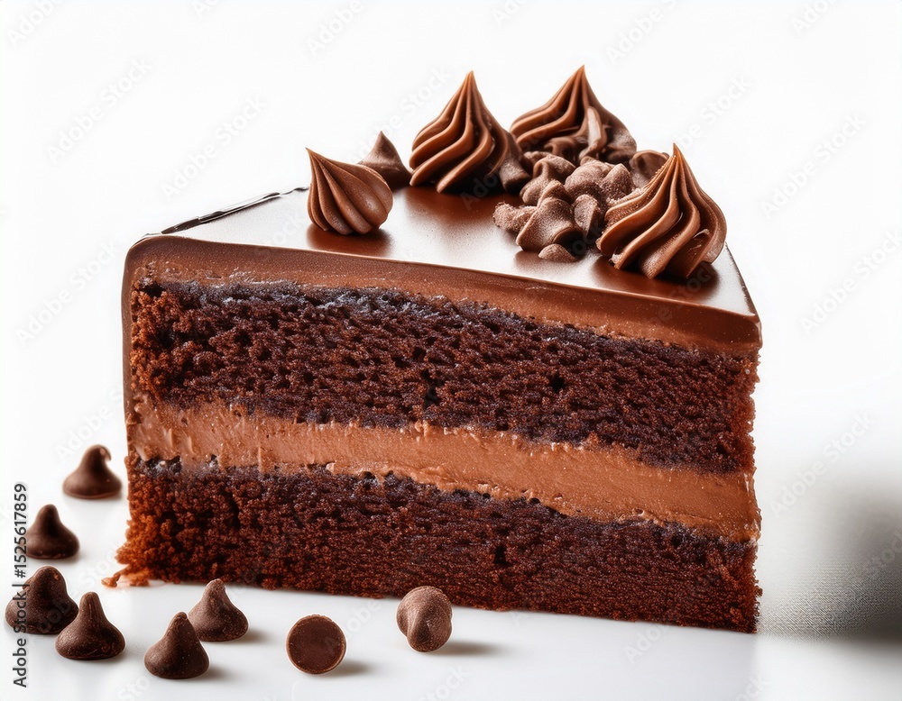 decadent chocolate cake slice with rich frosting and chocolate chips on a white background decadent chocolate cake slice with rich frosting and chocolate chips on a white background
