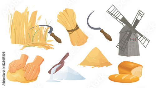 Bakery production stages set in flat cartoon design. Collection isolated elements of growing cereals, harvesting with sickle, grinding in mill, flour, knead dough and bread loaf. Vector illustration.