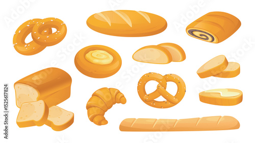 Bakery products set in flat cartoon design. Collection isolated elements of bagels, bread loaf and slices, poppy seed roll, butter on toast, croissant, baguette, other pastry. Vector illustration.