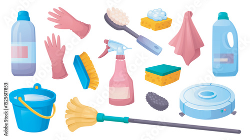 Cleaning supplies set in flat cartoon design. Collection isolated elements of detergent bottles, gloves, brush, sponge with foam, towel, bucket, mop, spray, robot vacuum cleaner. Vector illustration.