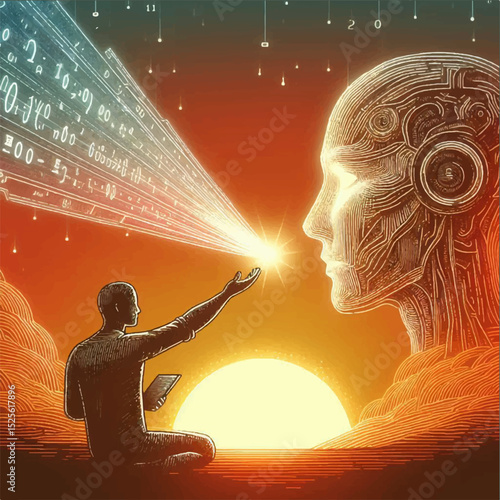 An illustration of a man in the desert who receives knowledge from AI, becoming enlightened against the background of dawn and a ray in the form of numbers coming from a guiding star as a symbol of ne