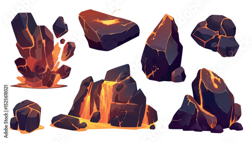 Volcanic rocks with lava set in flat cartoon design. Collection isolated elements of black mountain stones and rough cracked slabs with red hot magma with glowing light and heat. Vector illustration.