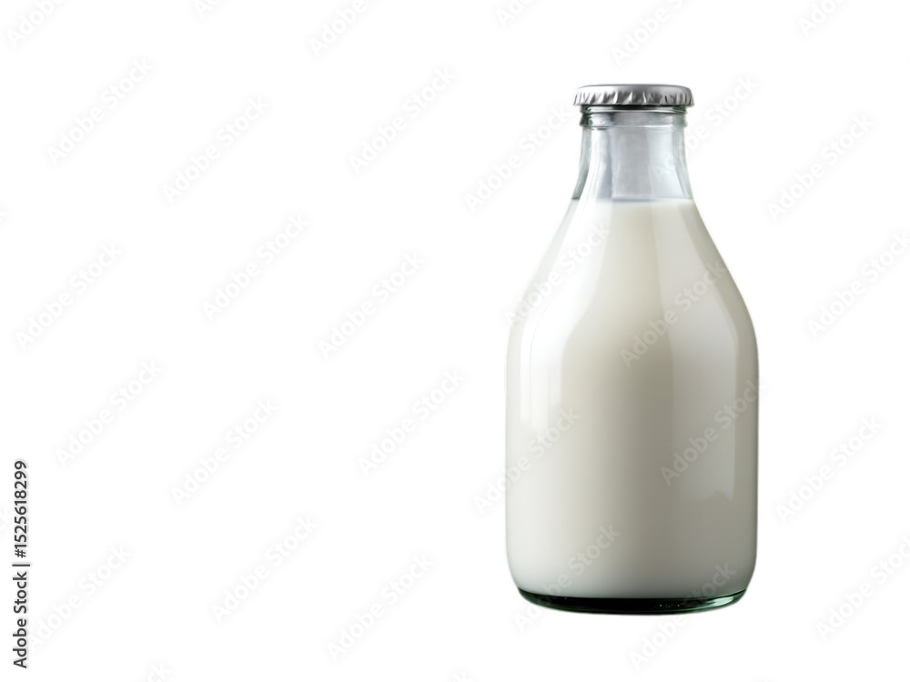 A clear glass milk bottle filled with white milk and a silver cap on a black background in studio shot A clear glass milk bottle filled with white milk and a silver cap on a black background in studio shot