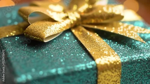 Close up of a teal glittery gift box with a gold ribbon and bow on top, with blurred lights behind it