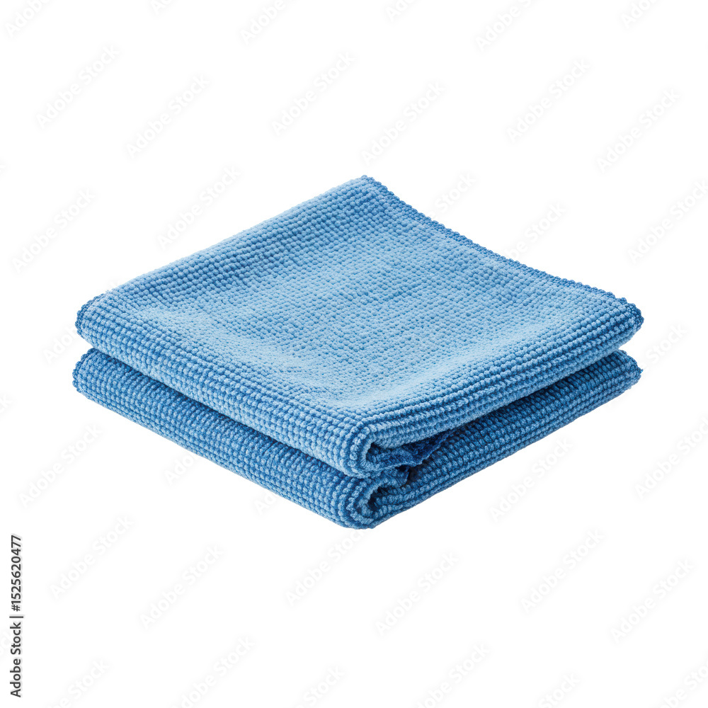 A single blue microfiber cleaning cloth, precisely folded into a compact rectangular shape, showcasing its soft, intricate texture on a transparent, isolated seamless background with bright, A single blue microfiber cleaning cloth, precisely folded into a compact rectangular shape, showcasing its soft, intricate texture on a transparent, isolated seamless background with bright,
