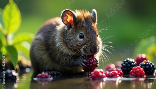 Water vole nibbling blackberries, direct gaze, fauna, summer, small