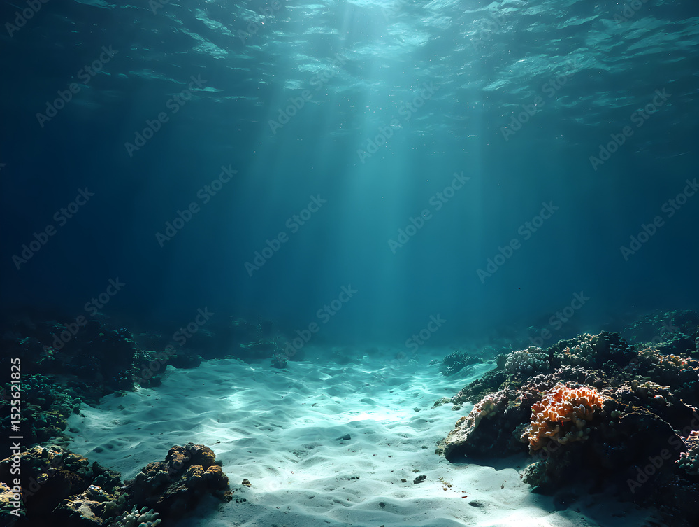 Obraz premium Peaceful Ocean Depths with Beautiful Sunbeams Shining Through Water Above Coral Reef Ecosystem