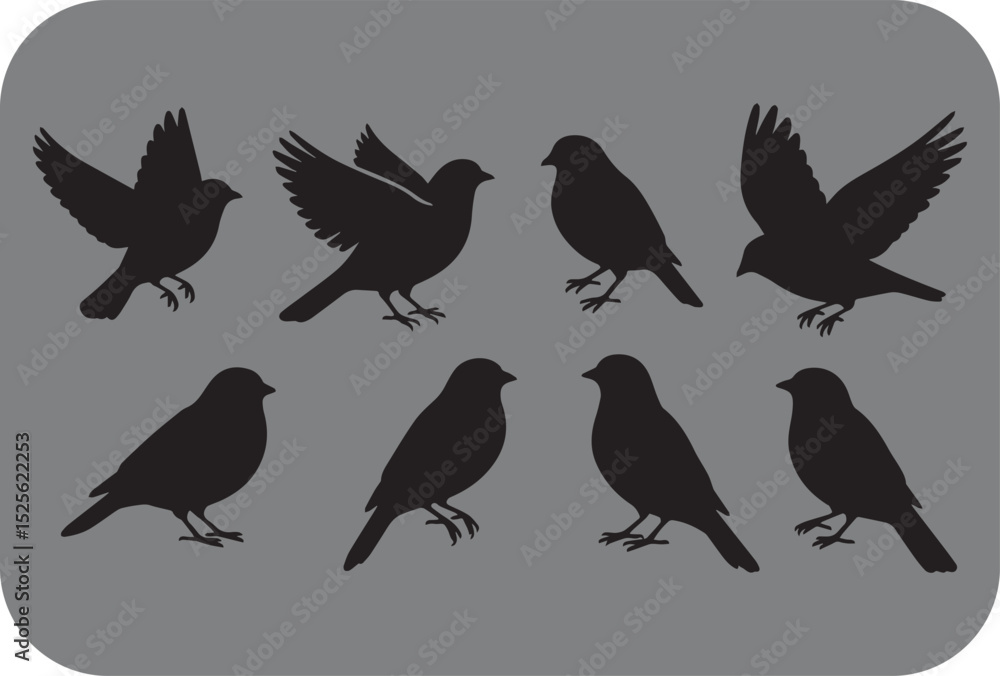 Obraz premium Silhouette Illustration of Seven Birds in Various Poses Against a Gray Background Some Flying and Others Perched Creating a Simple yet Elegant Composition