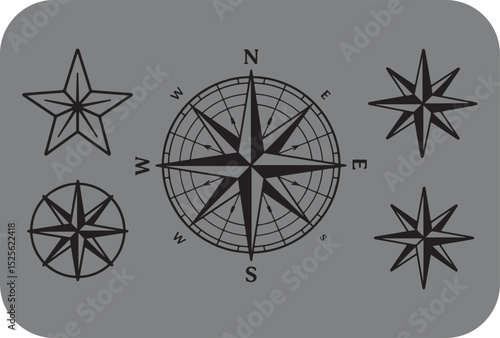 Assortment of Compass Rose and Star Designs on a Gray Background Featuring Navigation Symbols and Stylized Star Shapes for Nautical or Decorative Applications