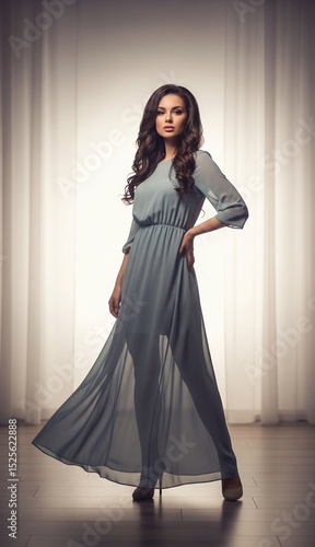 Fashion model in a grey dress posing in a studio