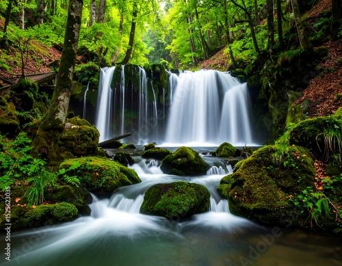 Lush waterfall cascading through mossy rocks (2)