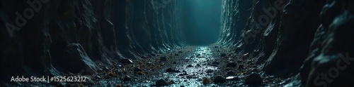 A dark, narrow passage descends steeply into an unseen abyss, littered with debris and ominous shadows; a visual metaphor for a perilous and inescapable situation , shadows, unease