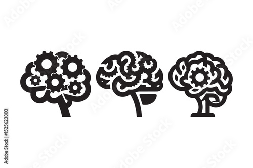 Brain with Gears Silhouette Icons Intelligence, Thinking, Mind Mechanics Vector Set