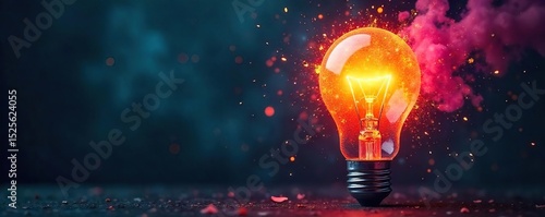 A lightbulb explodes with vibrant colors, symbolizing innovative thinking and creative breakthroughs, radiating energy and inspiration , knowledge, glow, sparkle