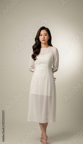 Young model in white dress posing in a studio.
