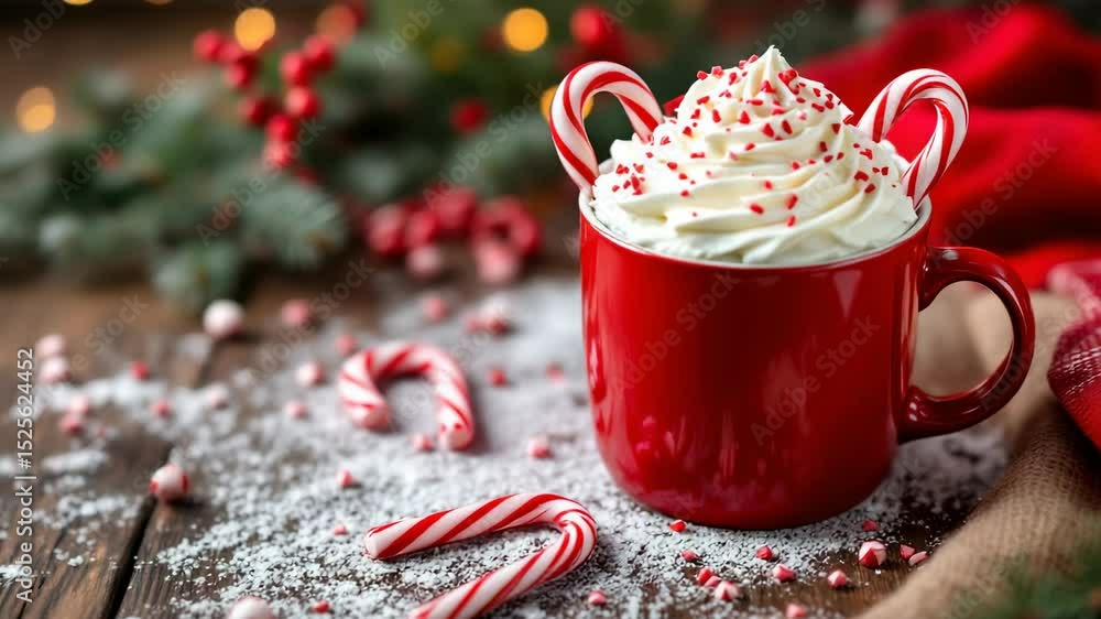 festive indulgence: a red mug with peppermint whipped cream and candy canes on a wooden surface