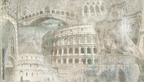 Montage photo of Italy on vintage background.Digital fresco. Fresco, tiles design.The collage for mural