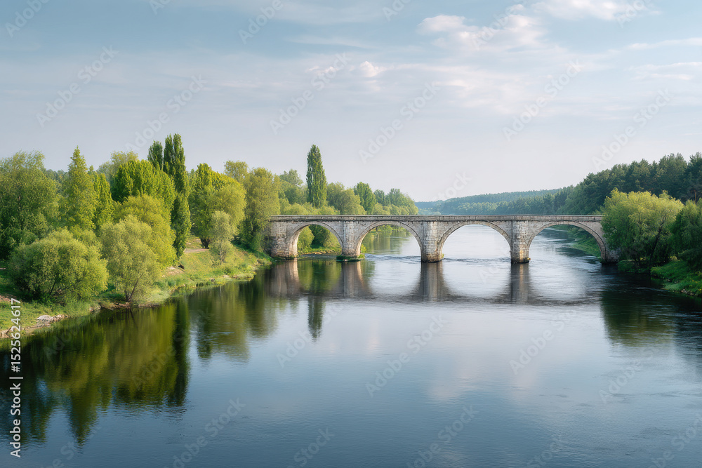 Fototapeta premium serene view of ancient bridges in izhvesk emphasizing intricate surface textures and lush greenery surrounding them