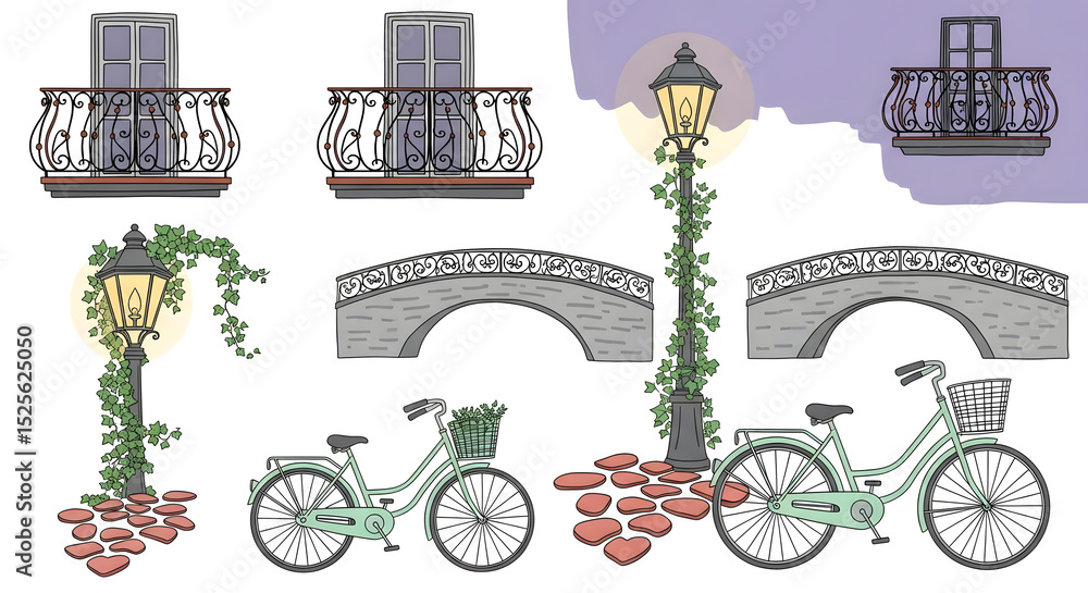 Obraz premium Romantic line art illustrations of charming city details. Hand-drawn wrought-iron balconies (charcoal black with rust accents), snippets of bridges (stone grey), whimsical bicycles (pastel mint green)