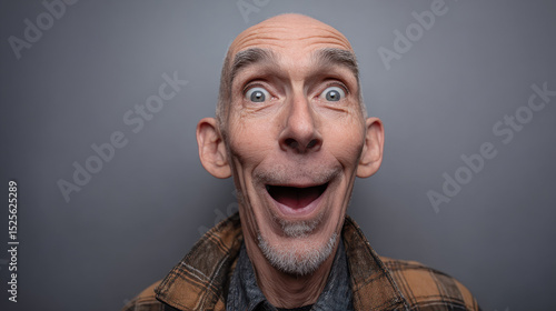 bald elderly man with no teeth and exaggerated crazy smile strong life experience in his eyes closeup portrait on