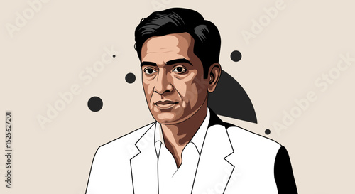 Man in white suit with short hair and neutral expression on plain background  